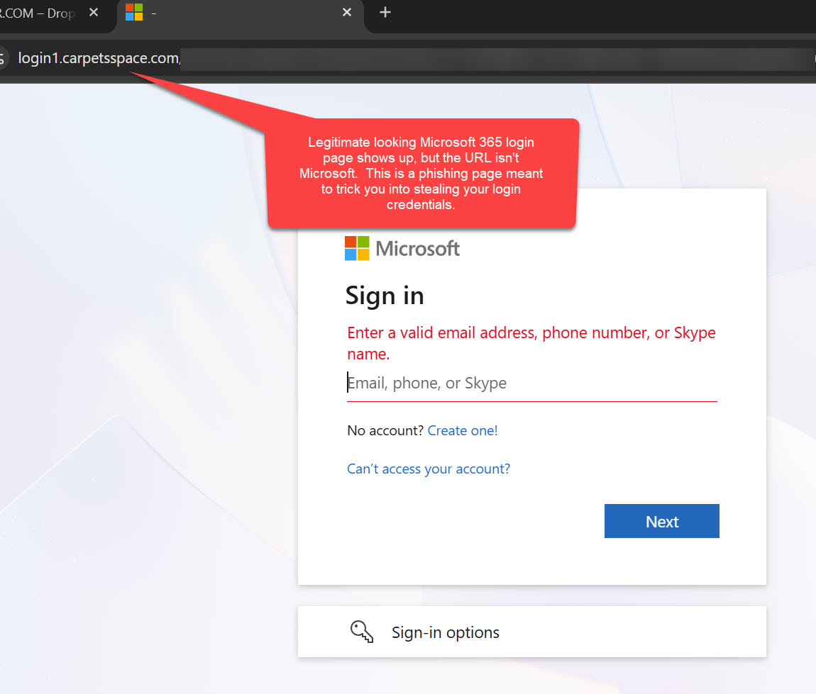 Spoofed Microsoft login page Spoofed Microsoft login page